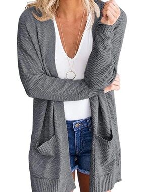 Open-Front Gray Knit Cardigan with Pockets